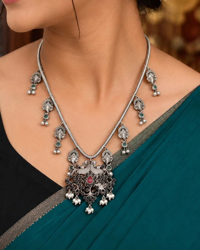 Oxidised Silver Nakshi Peacock Black Bead Pendant Snake Chain Necklace with Emerald Charm Drops | OL240