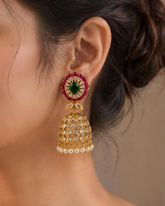 Elegant Multi Colour Adjustable Stud Stone Gold Jhumka Earrings for Women | ONK169