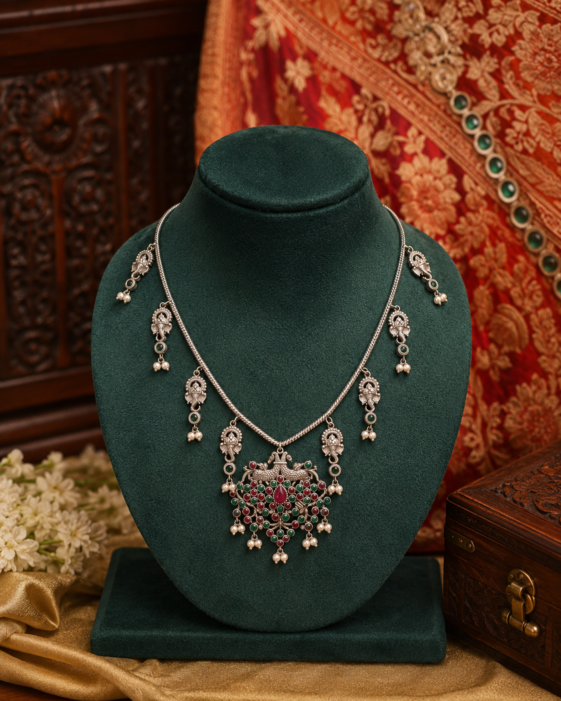 Oxidised Silver Nakshi Peacock Black Bead Pendant Snake Chain Necklace with Emerald Charm Drops | OL240