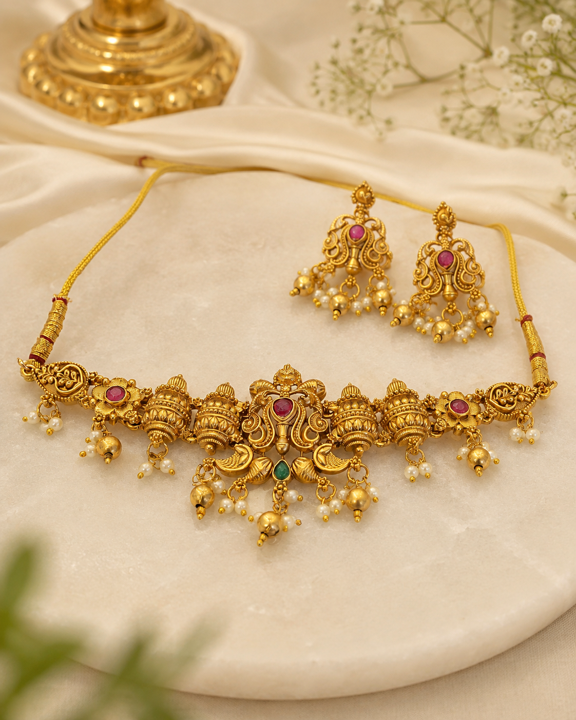 Antique Gold Ruby Kemp Nakshi Dome Jhumka Choker Set | ONK3