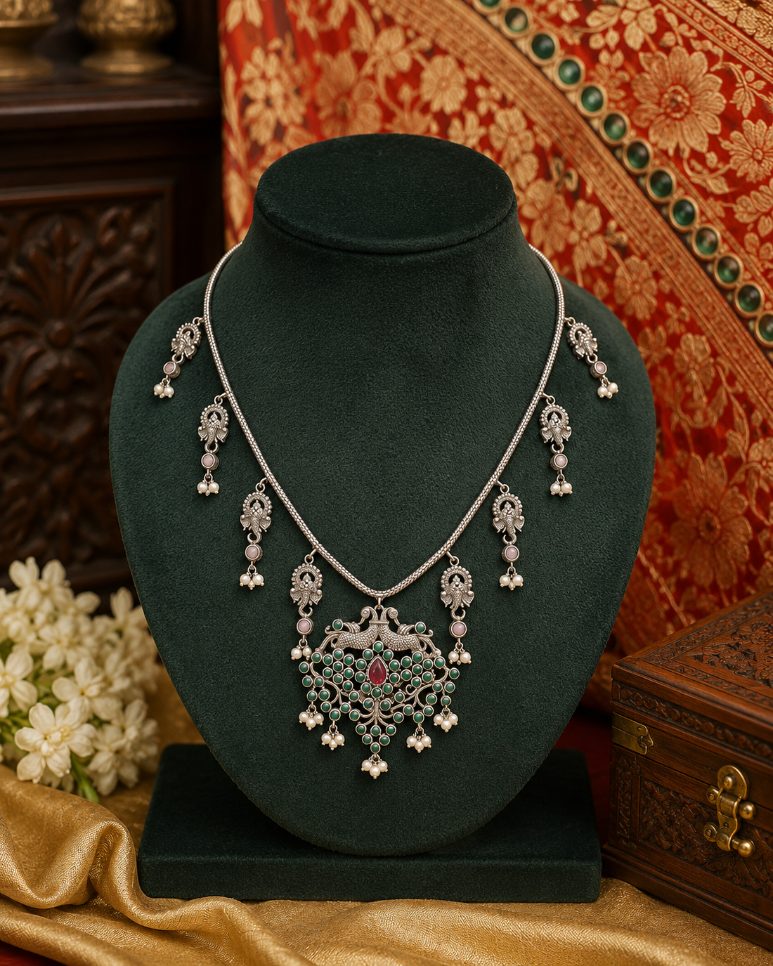 Oxidised Silver Nakshi Peacock Black Bead Pendant Snake Chain Necklace with Emerald Charm Drops | OL240