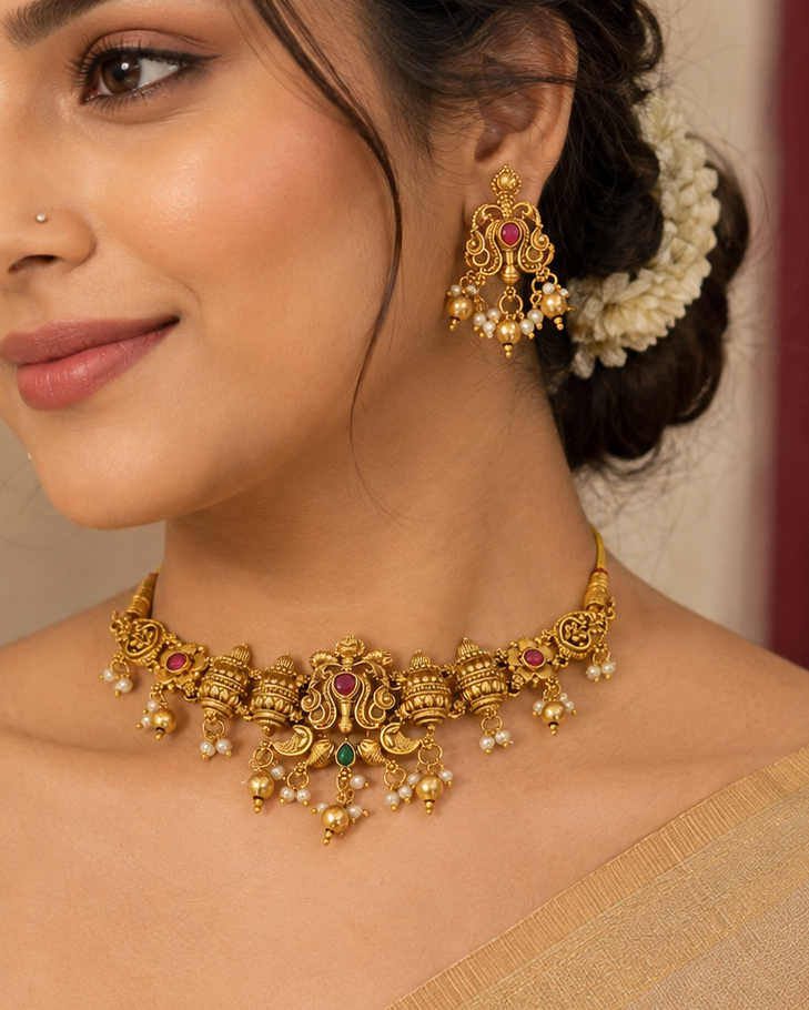 Antique Gold Ruby Kemp Nakshi Dome Jhumka Choker Set | ONK3
