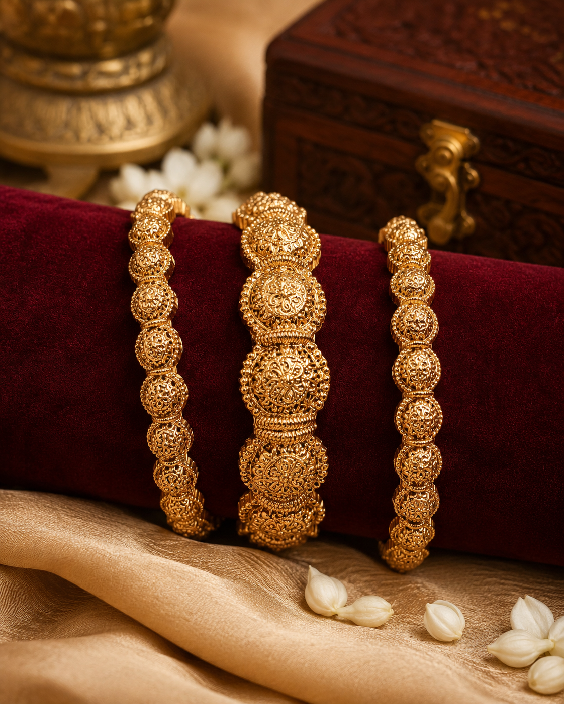 Antique Gold Nakshi Filigree Scroll Dome Ball Bangle Set of 3 | ONK6
