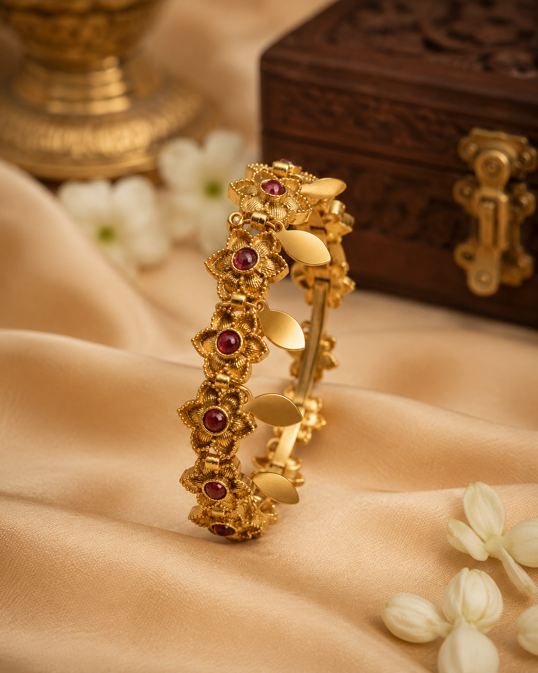 Antique Gold Nakshi Granulated Floral Ruby Round Kemp Gold Leaf Motif Openable Kada Bangle |  ONK8