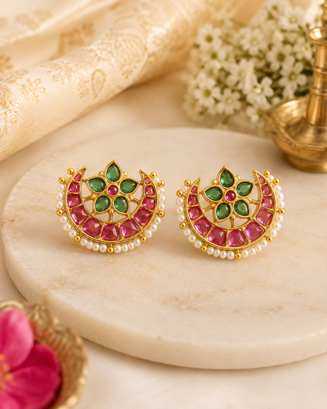 Gold Ruby Kemp Baguette Fan Crescent Chandbali Studs | ONK152