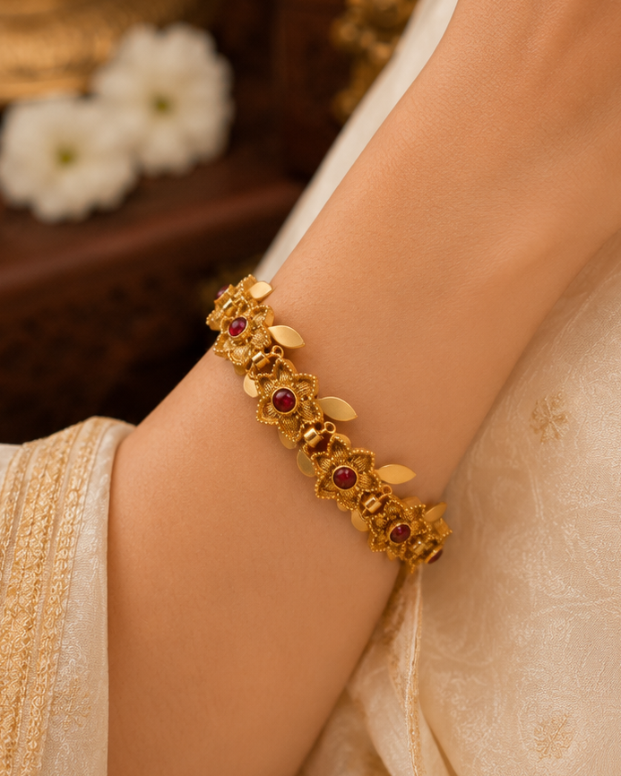 Antique Gold Nakshi Granulated Floral Ruby Round Kemp Gold Leaf Motif Openable Kada Bangle |  ONK8