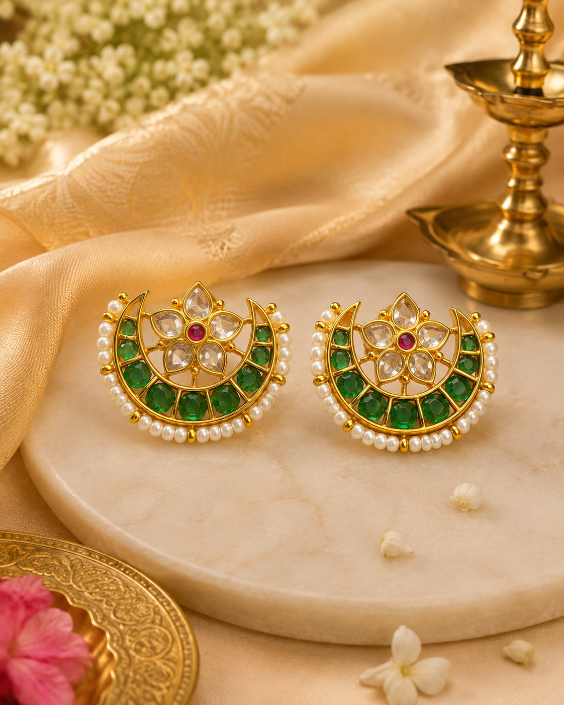 Gold Ruby Kemp Baguette Fan Crescent Chandbali Studs | ONK152