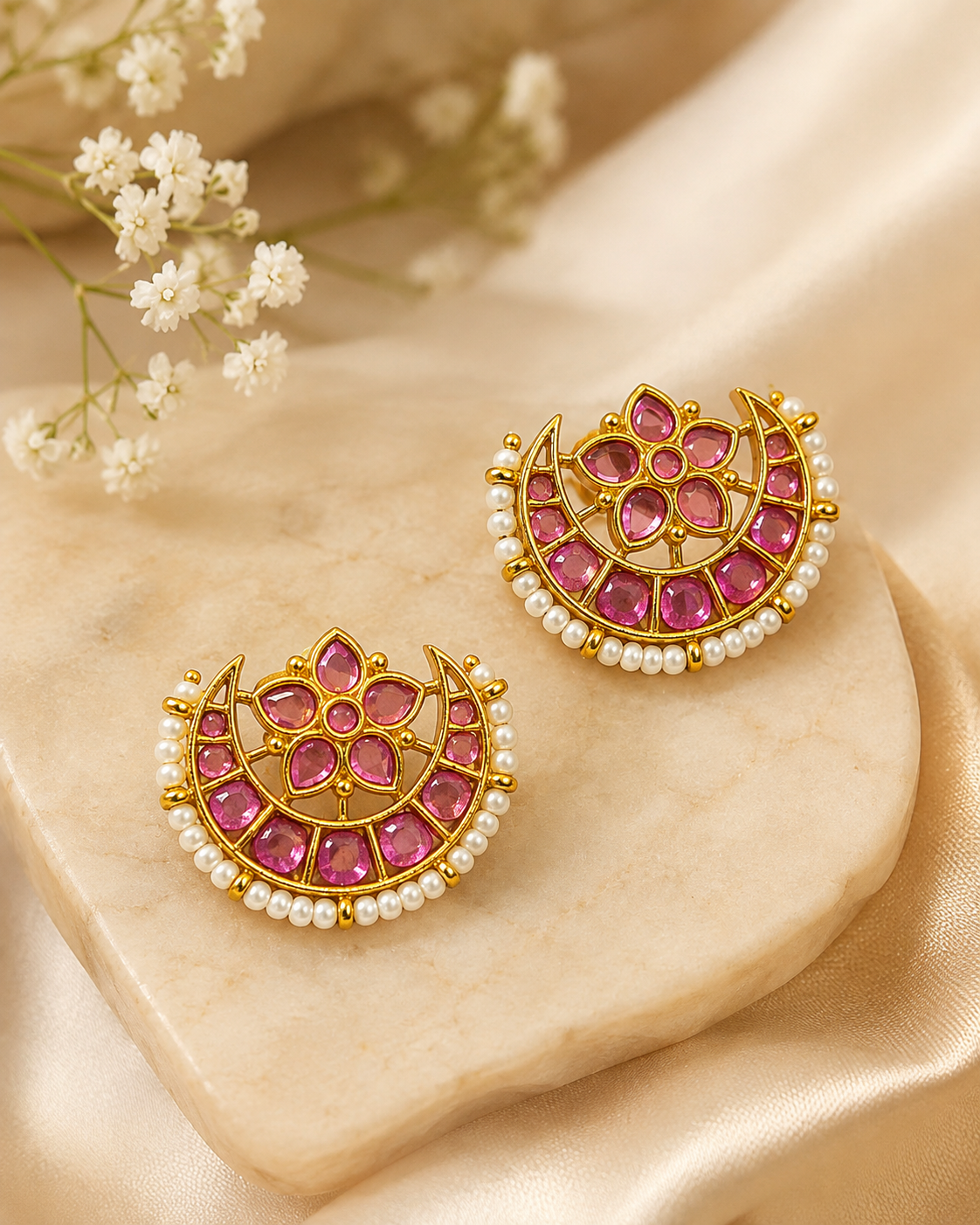 Gold Ruby Kemp Baguette Fan Crescent Chandbali Studs | ONK152