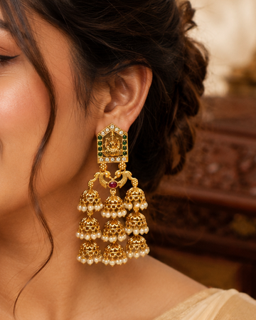 Antique Gold Nakshi Lakshmi Temple Arch Top Peacock Triple-Tier Jhumka Earrings with Pearl Fringe |  OL255