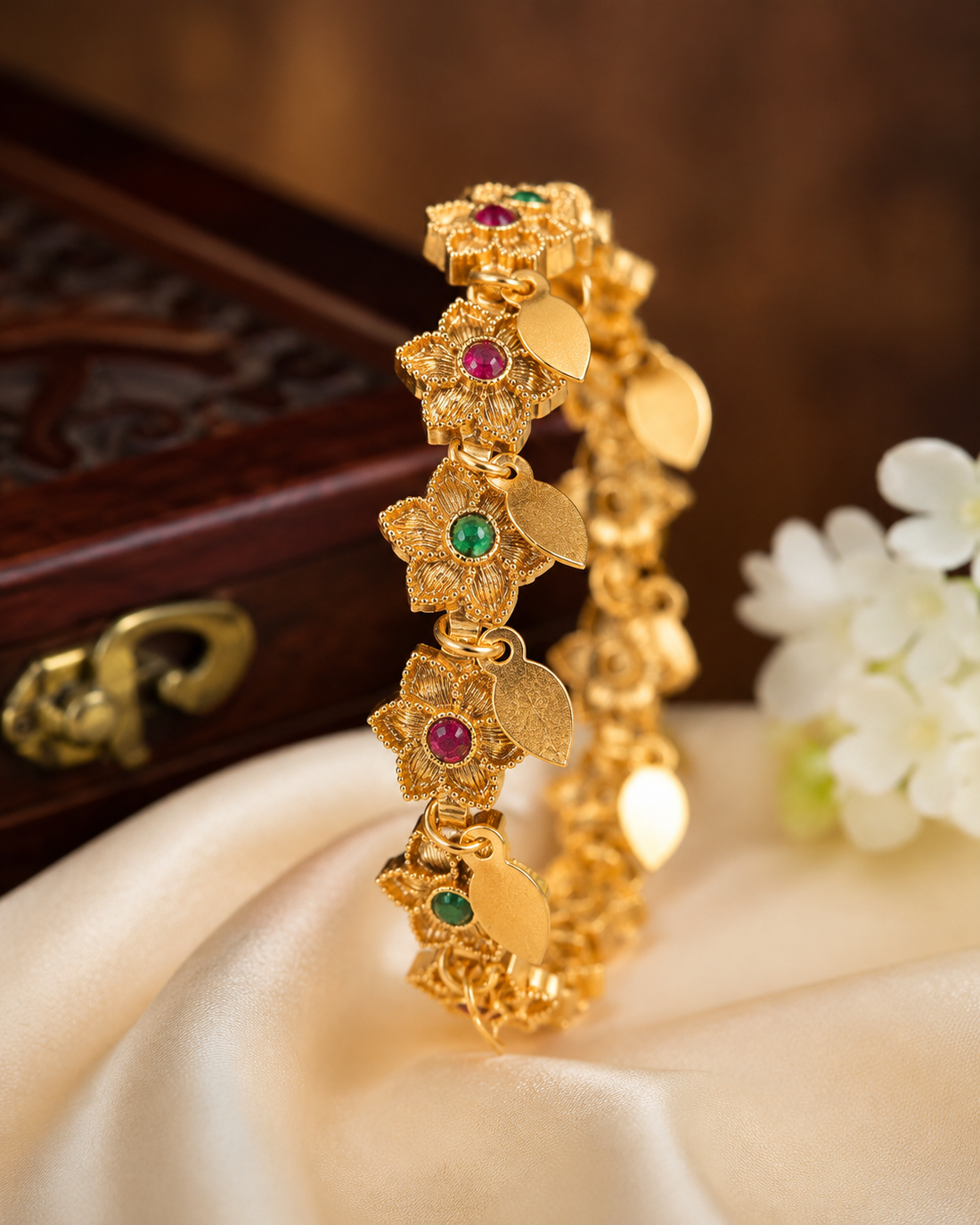 Antique Gold Nakshi Granulated Floral Alternating Ruby Emerald Kemp Gold Leaf Openable Kada Bangle | ONK7