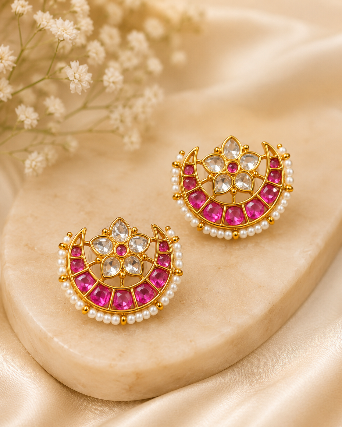 Gold Ruby Kemp Baguette Fan Crescent Chandbali Studs | ONK152