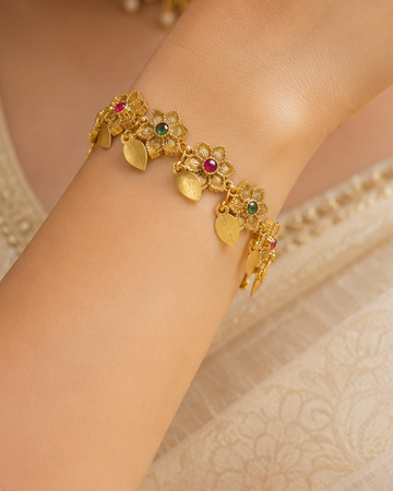 Antique Gold Nakshi Granulated Floral Alternating Ruby Emerald Kemp Gold Leaf Openable Kada Bangle | ONK7