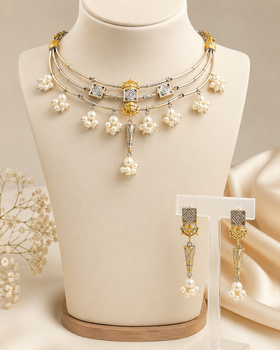 Dual Tone Oxidised Nakshi Diamond Tile Pearl Choker Set | OLT44