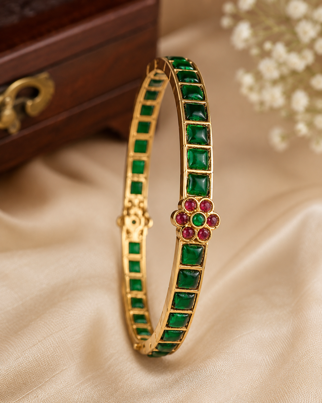 Gold Full Emerald Square Cabochon Channel-Set Bangle with Ruby Kemp Floral Centre | ONK31