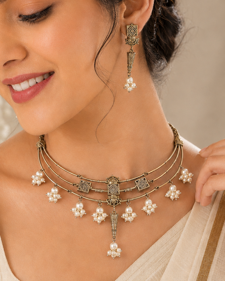 Dual Tone Oxidised Nakshi Diamond Tile Pearl Choker Set | OLT44
