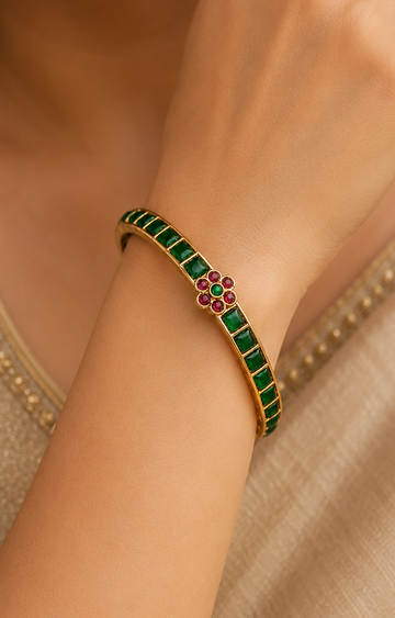 Gold Full Emerald Square Cabochon Channel-Set Bangle with Ruby Kemp Floral Centre | ONK31