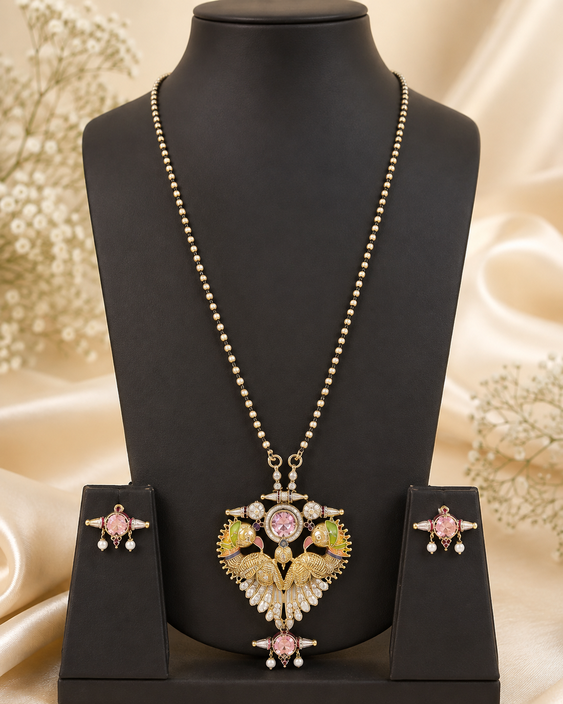 Antique Gold & Oxidized Silver Tone Twin Parrot Nakshi Mangalsutra Set | OLT38