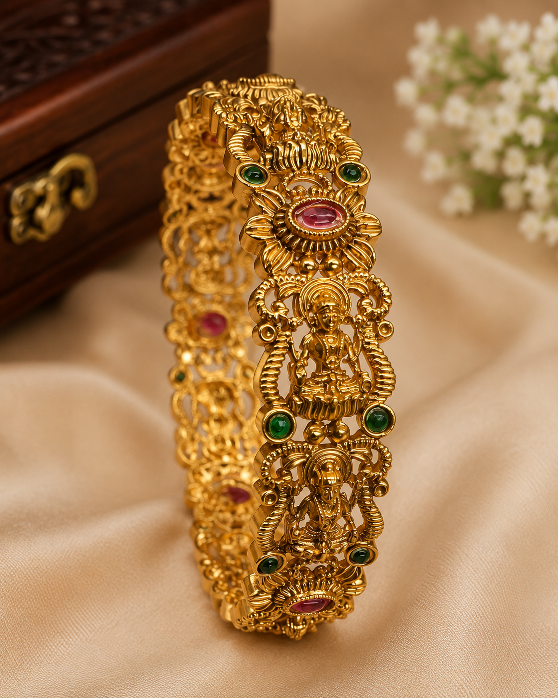 Antique Gold Nakshi Lakshmi Deity Open Filigree Scroll Wide Kada Bangle with Ruby Emerald Kemp | ONK38