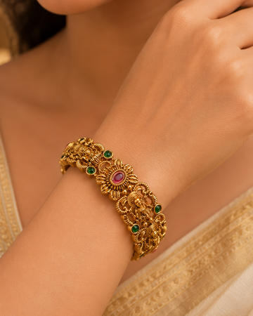 Antique Gold Nakshi Lakshmi Deity Open Filigree Scroll Wide Kada Bangle with Ruby Emerald Kemp | ONK38
