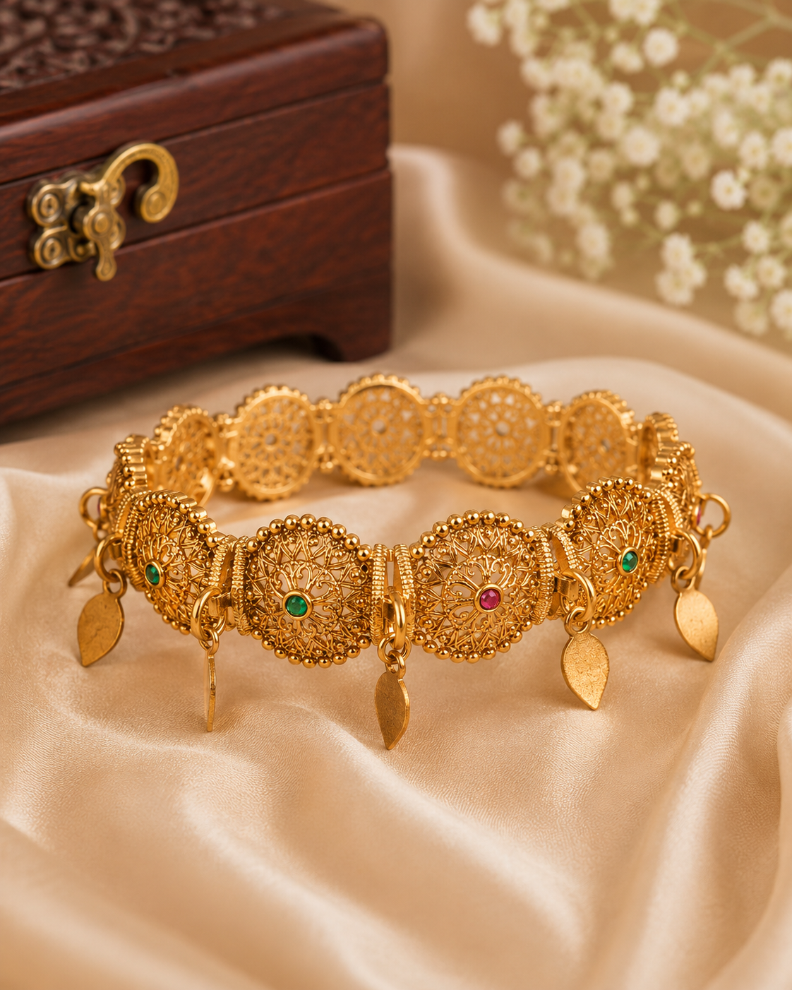 Antique Gold Nakshi Open Filigree Mandala Round Link Bracelet with Ruby Emerald Kemp & Gold Leaf Drops | ONK9