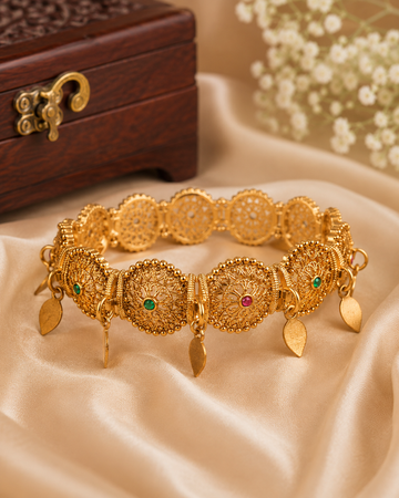 Antique Gold Nakshi Open Filigree Mandala Round Link Bracelet with Ruby Emerald Kemp & Gold Leaf Drops | ONK9