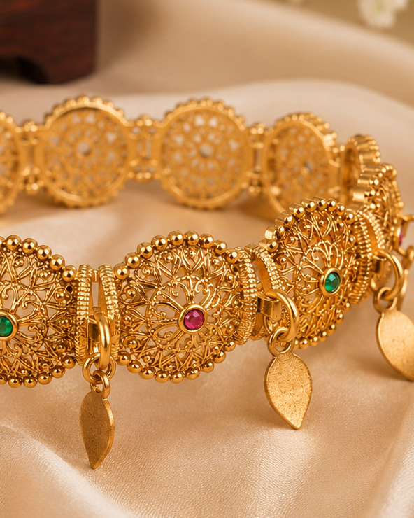 Antique Gold Nakshi Open Filigree Mandala Round Link Bracelet with Ruby Emerald Kemp & Gold Leaf Drops | ONK9