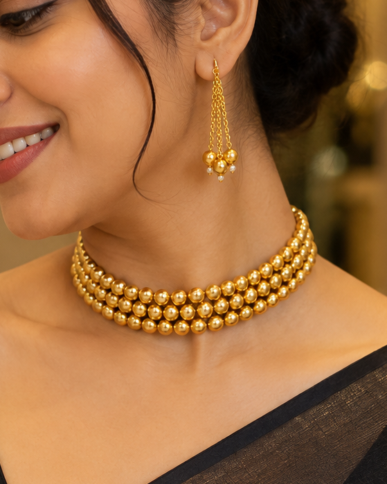 Gold Ball Bead Four-Strand Choker Necklace Set | OLT34
