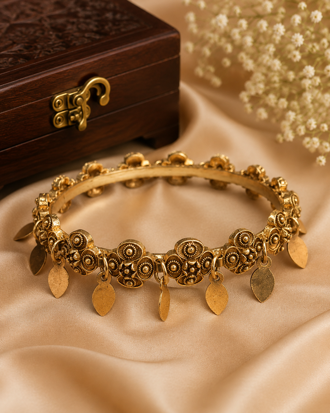 Antique Gold Nakshi Floral Dome Cluster Bangle with Gold Leaf Charm Drops | ONK11