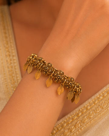 Antique Gold Nakshi Floral Dome Cluster Bangle with Gold Leaf Charm Drops | ONK11