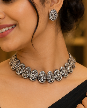 Oxidised Silver Nakshi Leaf Scroll Oval Tile Choker Set | OLT51