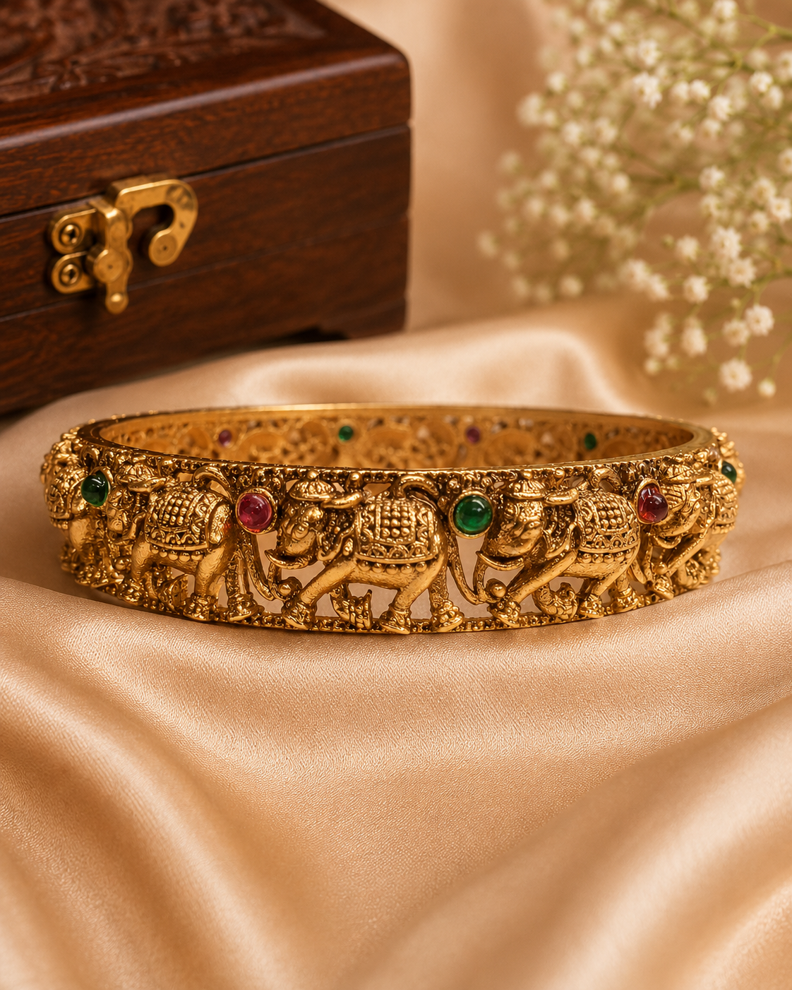 Antique Gold Nakshi Elephant Open Filigree Kada Bangle with Ruby Emerald Kemp | ONK40