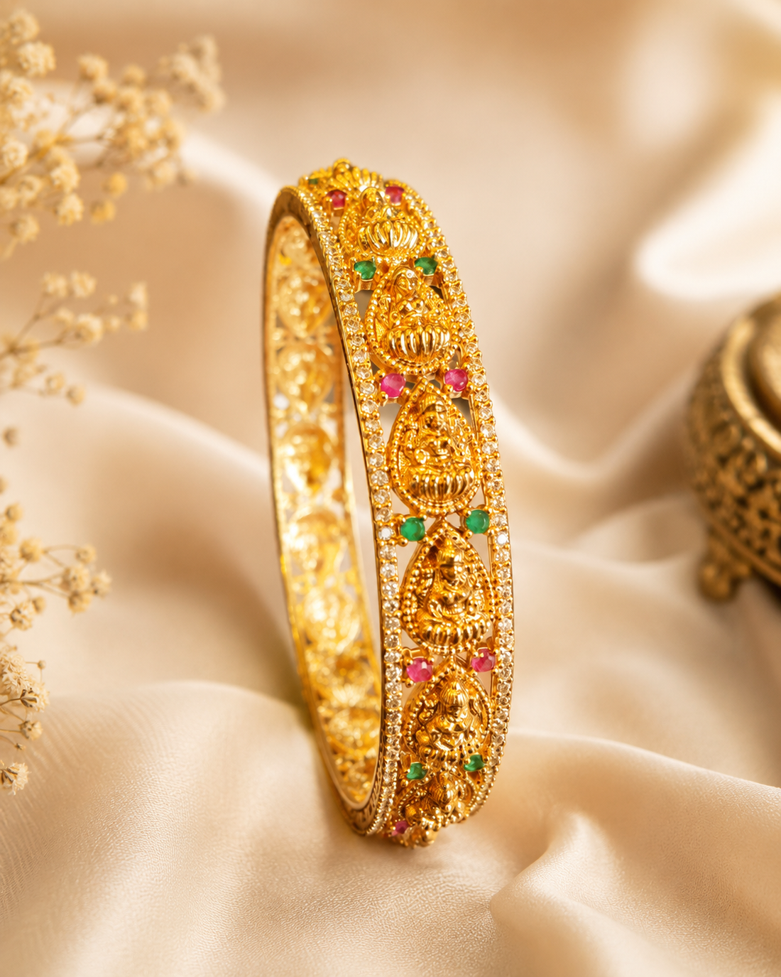 Traditional Temple Design Lakshmi Bangle with Ruby & Green Stones | ONK130