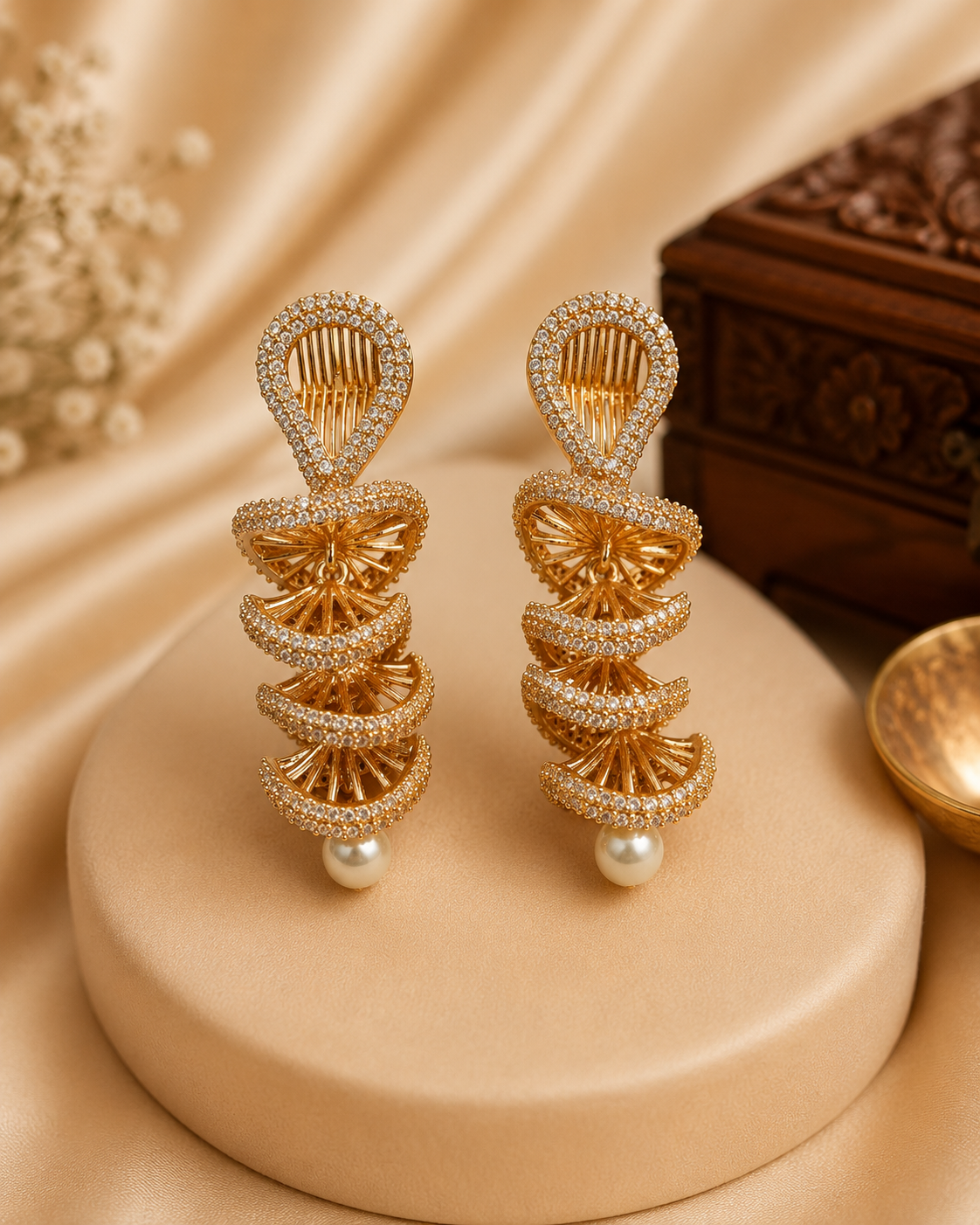 Gold Pave CZ Triple Crescent Fan Spiral Drop Earrings with Pearl Drop | OL256