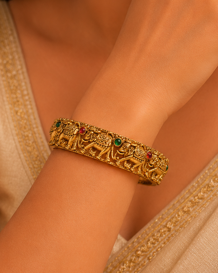 Antique Gold Nakshi Elephant Open Filigree Kada Bangle with Ruby Emerald Kemp | ONK40