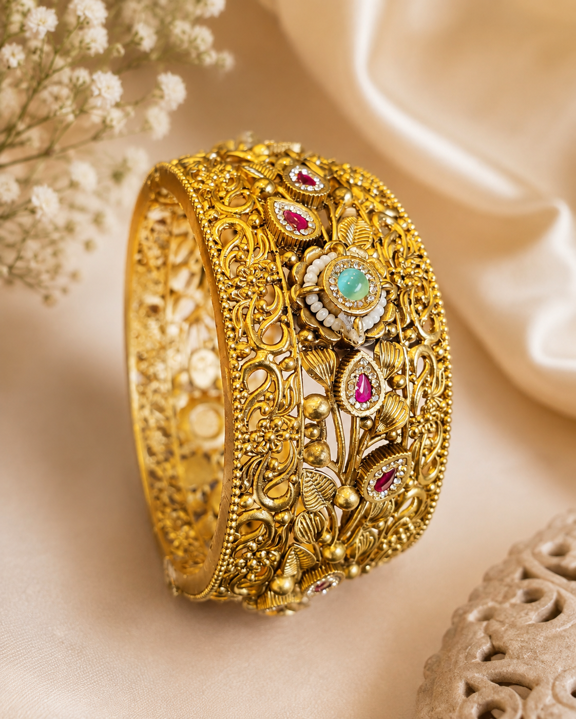 Vintage Floral Gold-Tone Statement Kada Bangle with Ruby Pink & Aqua Stone | LV3043