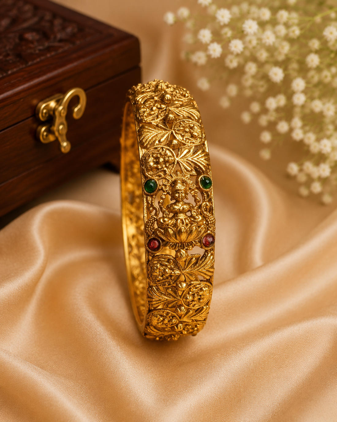 Antique Gold Lakshmi Face Lotus Filigree Floral Vine Kada Bangle with Ruby Emerald Kemp | ONK41