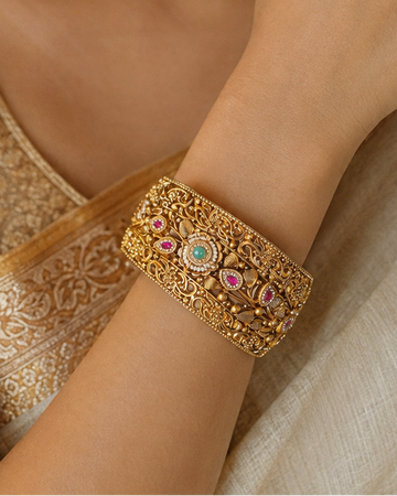 Vintage Floral Gold-Tone Statement Kada Bangle with Ruby Pink & Aqua Stone | LV3043