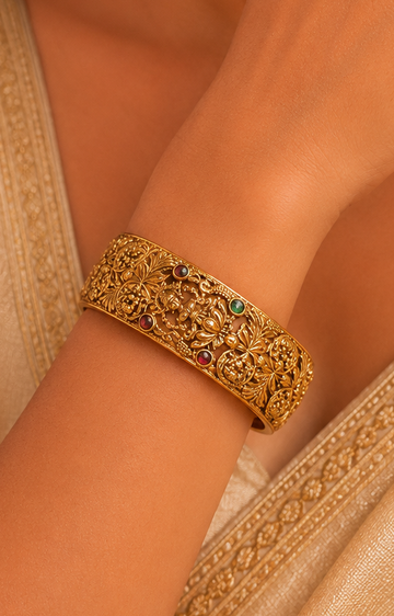 Antique Gold Lakshmi Face Lotus Filigree Floral Vine Kada Bangle with Ruby Emerald Kemp | ONK41