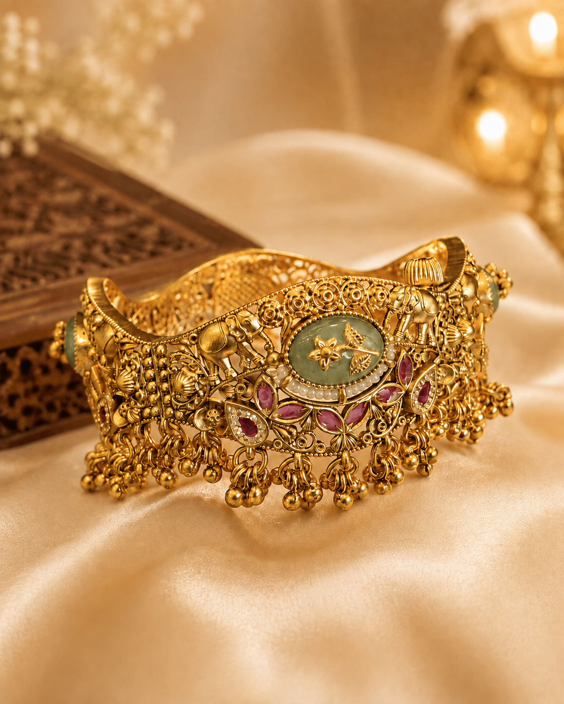 Antique Gold Kada Bracelet with Sage Green Center Stone & Ruby Accents | LV3042