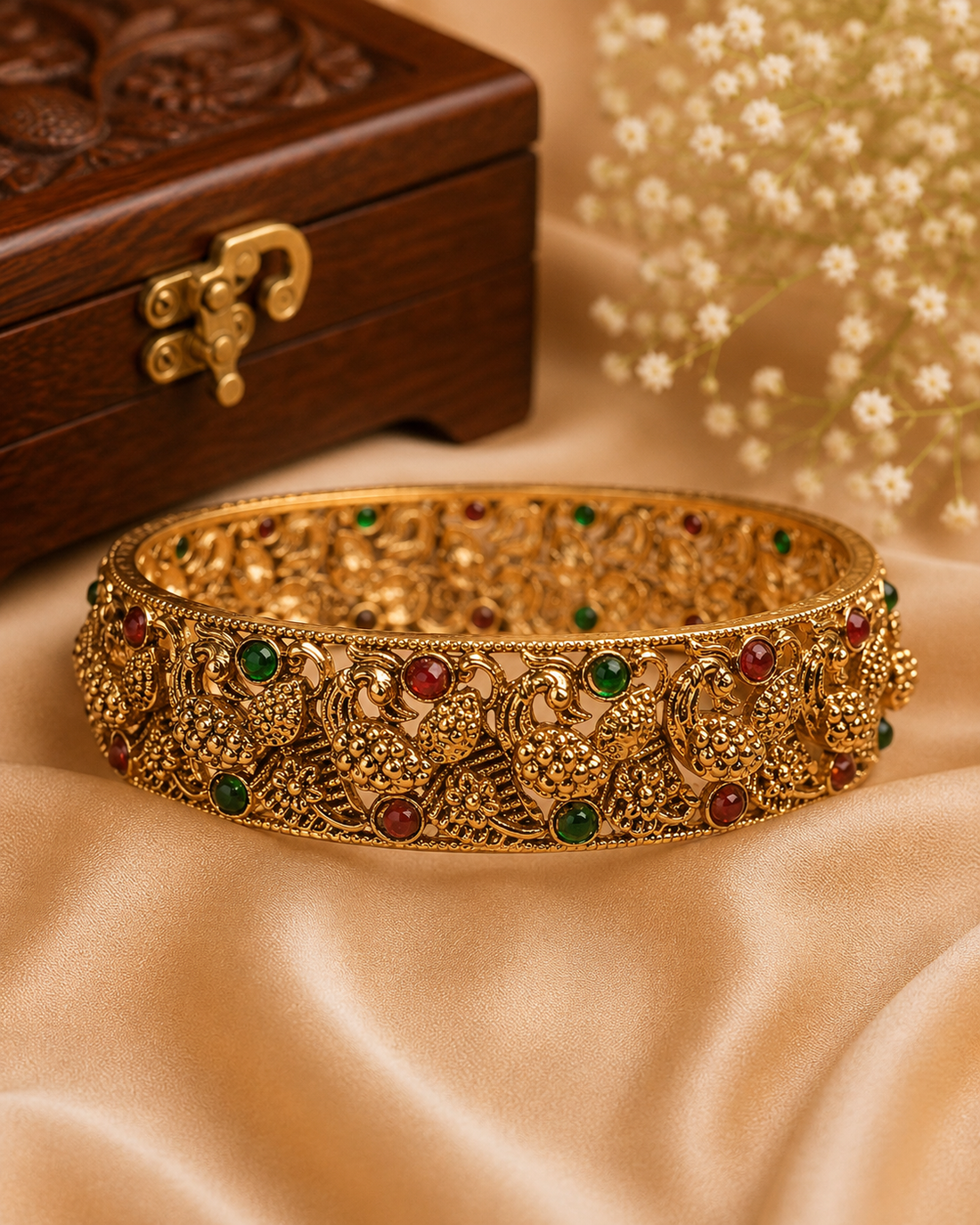 Antique Gold Nakshi Peacock Open Filigree Kada Bangle with Ruby Emerald Kemp | ONK42