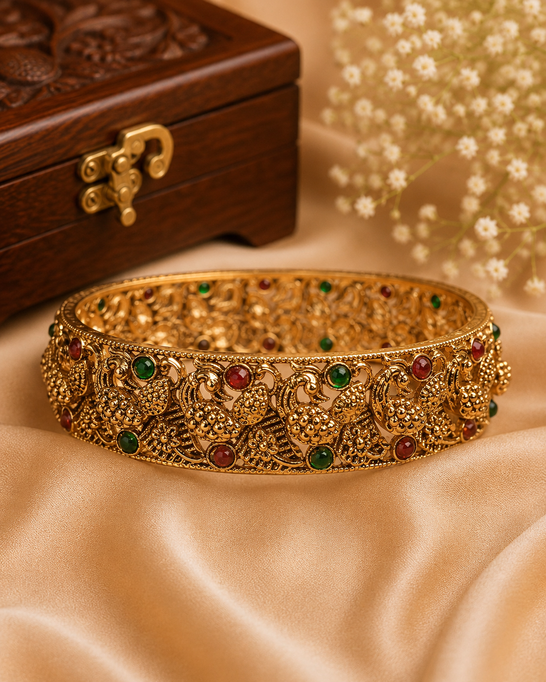 Antique Gold Nakshi Peacock Open Filigree Kada Bangle with Ruby Emerald Kemp | ONK42