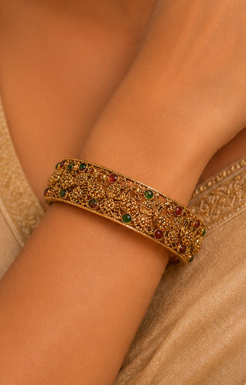 Antique Gold Nakshi Peacock Open Filigree Kada Bangle with Ruby Emerald Kemp | ONK42