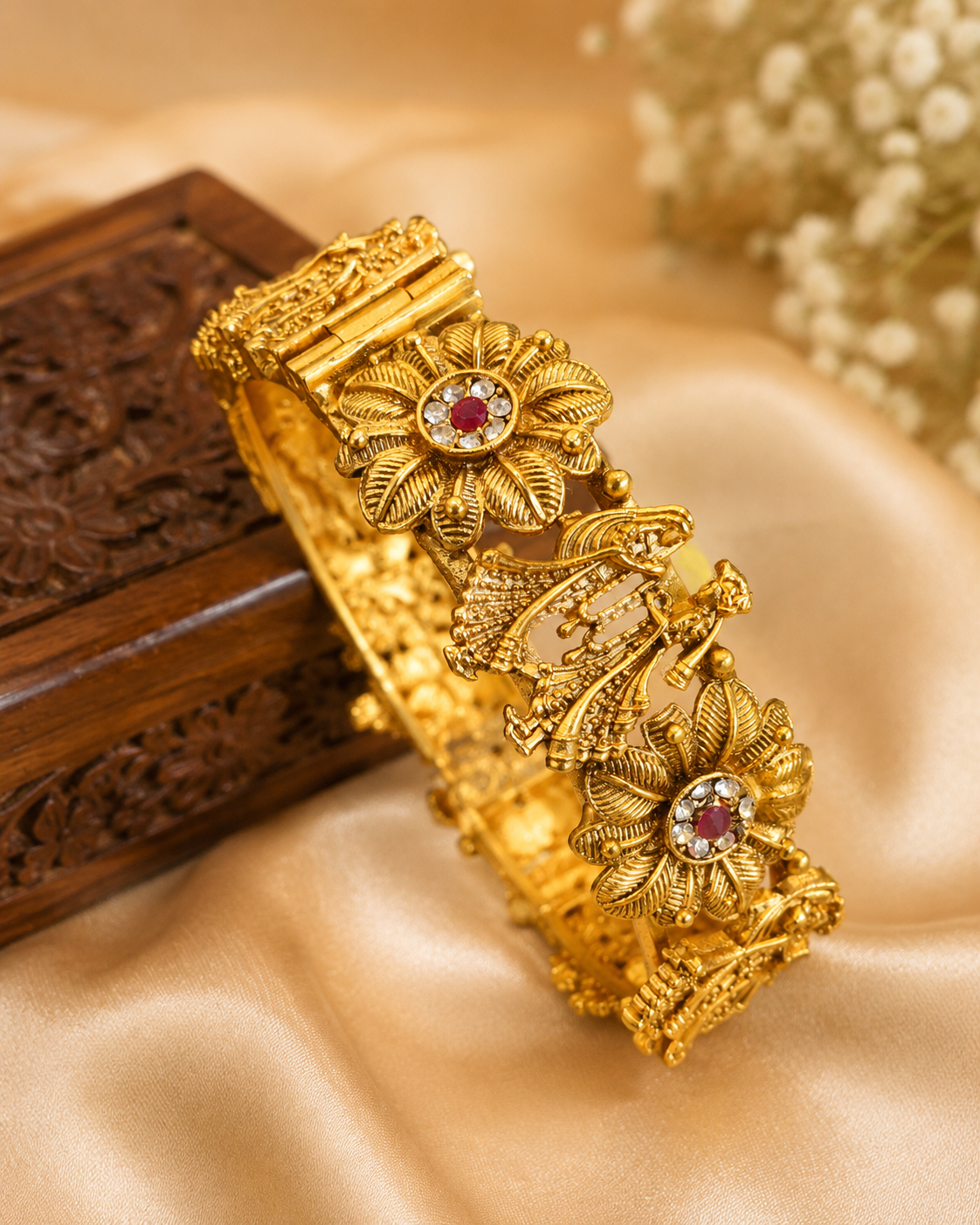 Traditional Antique Gold Tone Floral Temple Bangle with Ruby Stone | LV3040