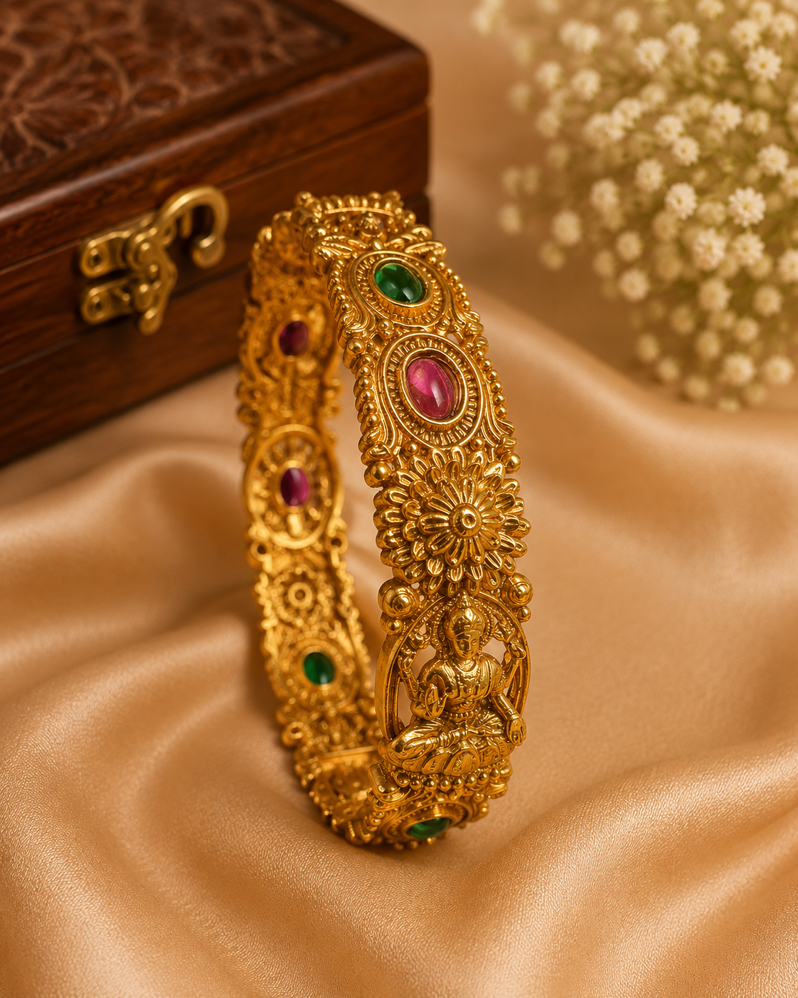 Antique Gold Lakshmi Deity Sunburst Floral Ruby Oval Kemp Kada Bangle |  ONK45