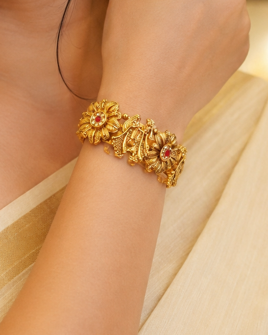 Traditional Antique Gold Tone Floral Temple Bangle with Ruby Stone | LV3040