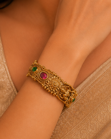 Antique Gold Lakshmi Deity Sunburst Floral Ruby Oval Kemp Kada Bangle |  ONK45
