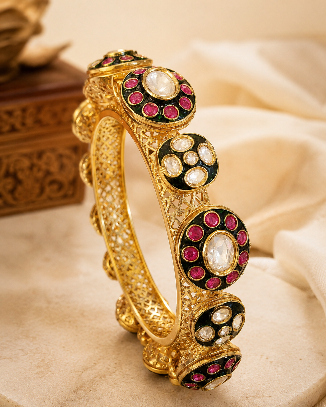 Antique Gold Plated Kundan Bangle with Ruby & Green Enamel | L20556
