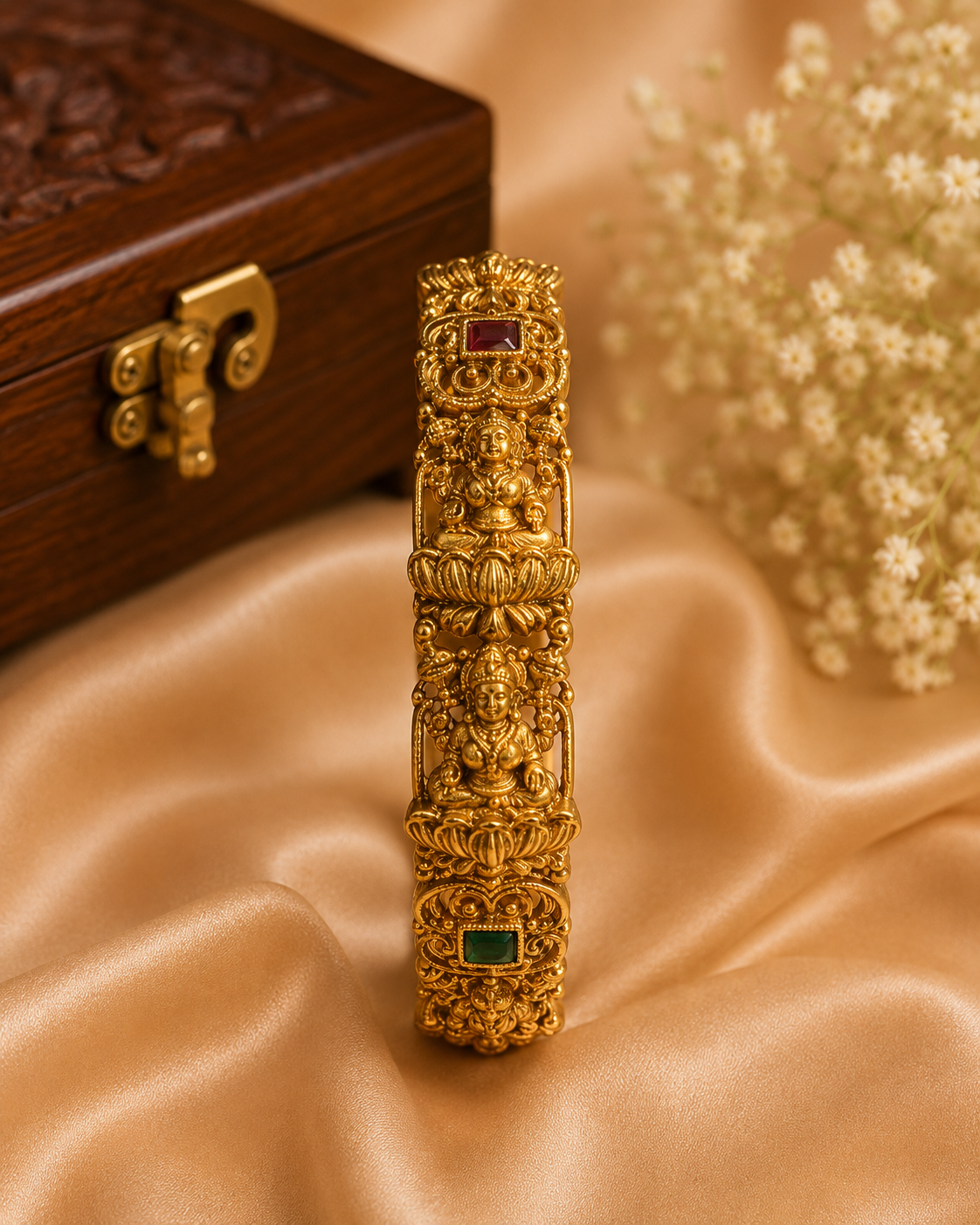 Antique Gold Nakshi Lakshmi Deity Lotus Throne Filigree Scroll Wide Bangle with Ruby Emerald Kemp | ONK43