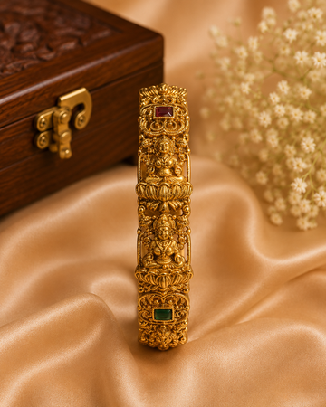 Antique Gold Nakshi Lakshmi Deity Lotus Throne Filigree Scroll Wide Bangle with Ruby Emerald Kemp | ONK43
