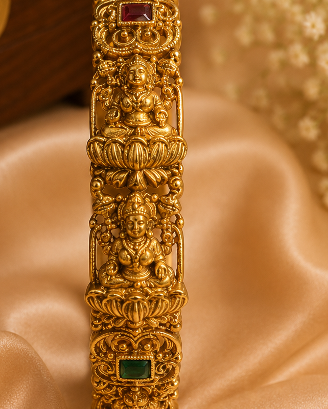 Antique Gold Nakshi Lakshmi Deity Lotus Throne Filigree Scroll Wide Bangle with Ruby Emerald Kemp | ONK43